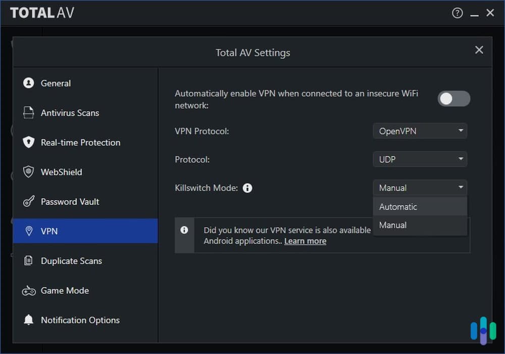 A look at the TotalAV VPN kill switch. A look at the TotalAV VPN kill switch.