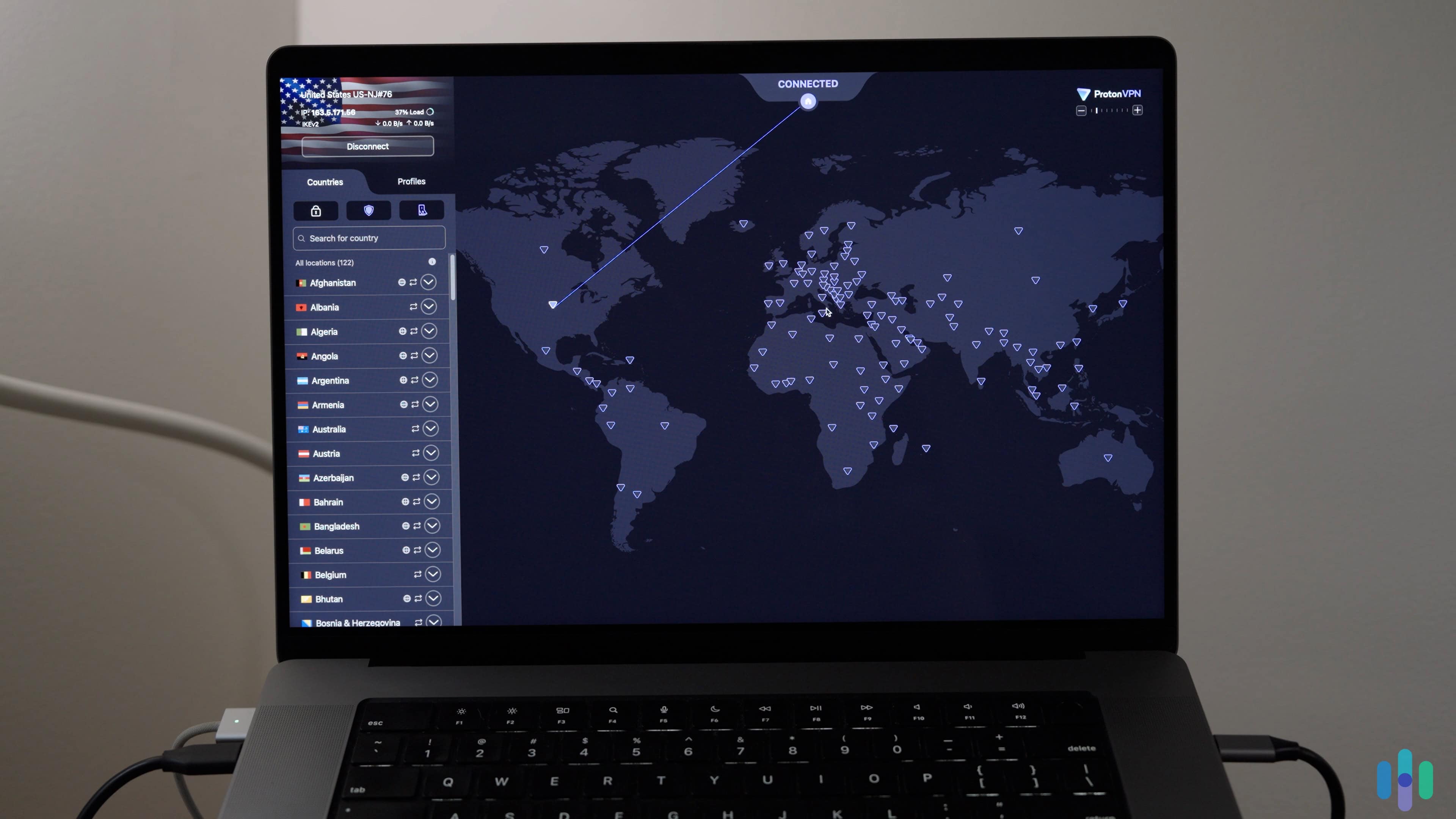 Proton VPN connected to a US server Testing out Proton VPN’s U.S. servers on a MacBook Pro