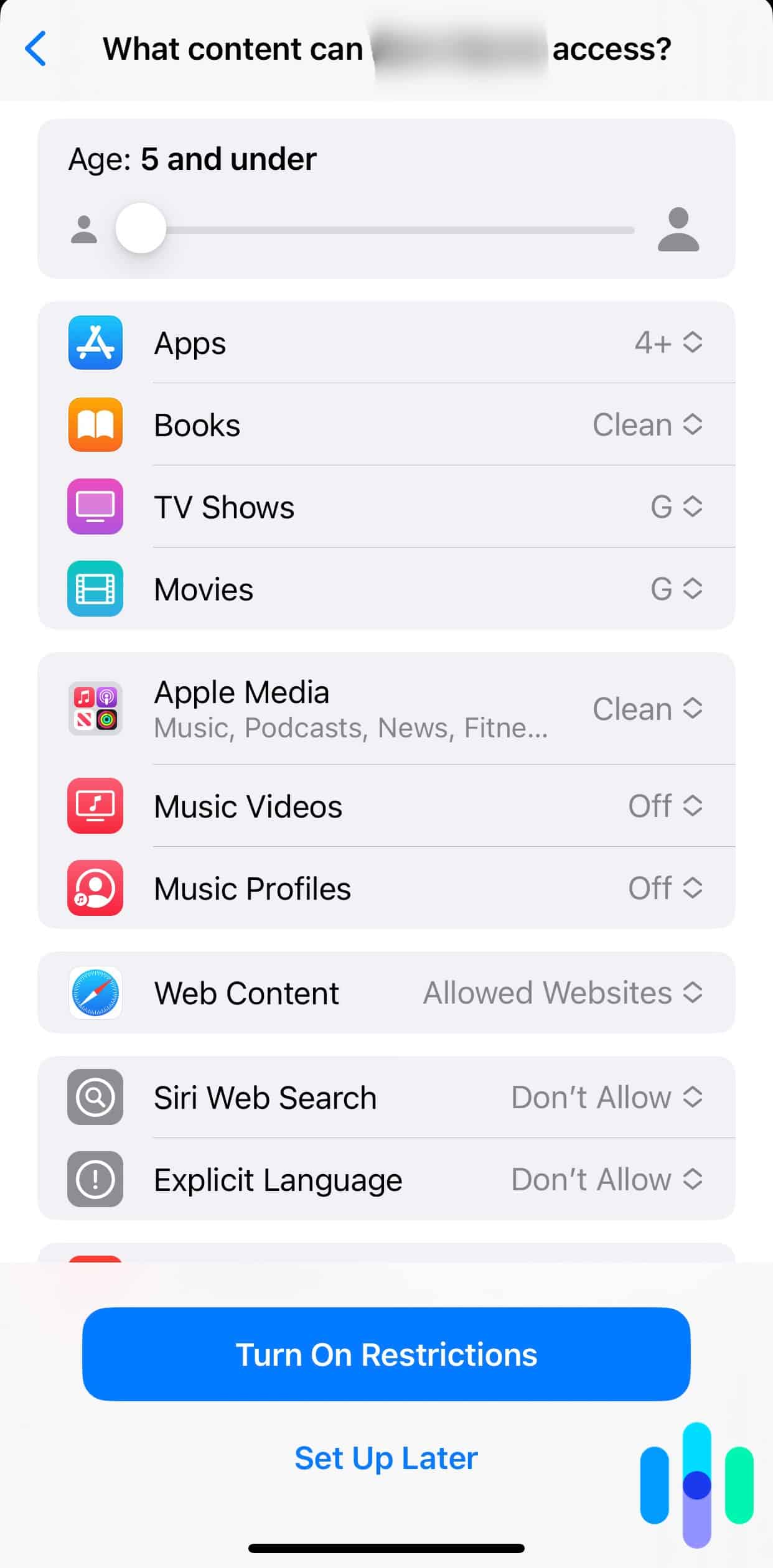 Screen Time’s high-level content filters. Screen Time's high-level content filters.