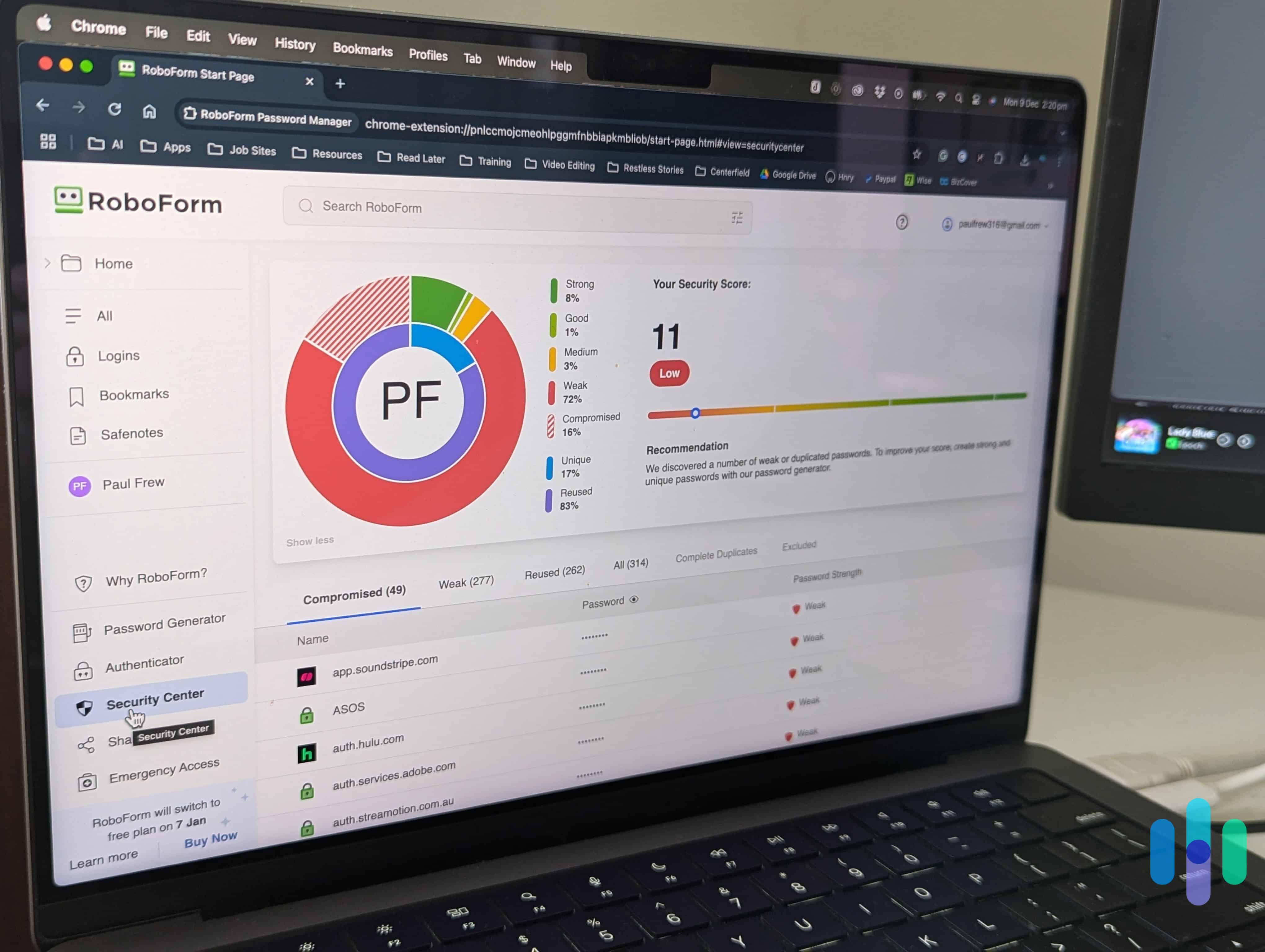 The Security Center assesses your data and gives you an overall score based on how secure your passwords are (1) RoboForm’s Security Center helped us strengthen the passwords on all of our accounts.