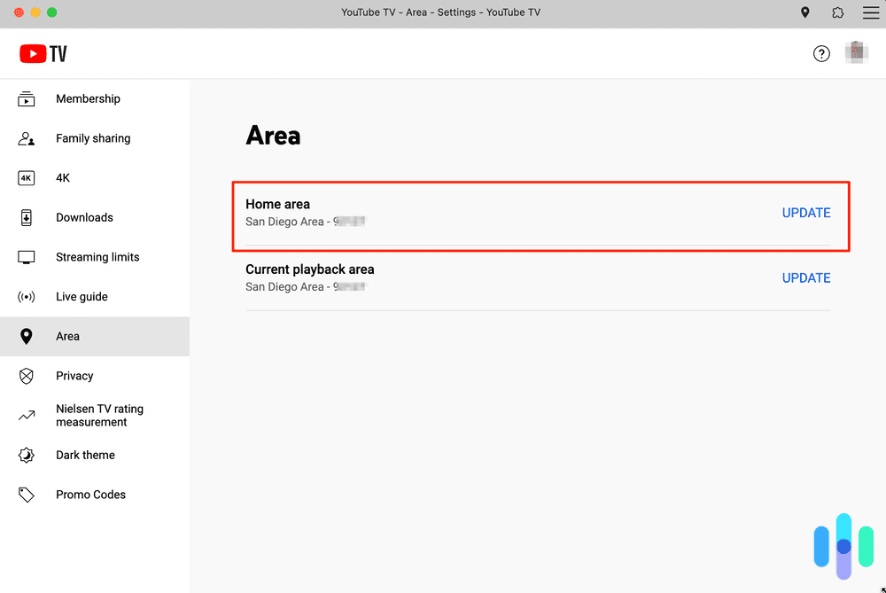 Area settings on YouTubeTV Area settings on YouTubeTV