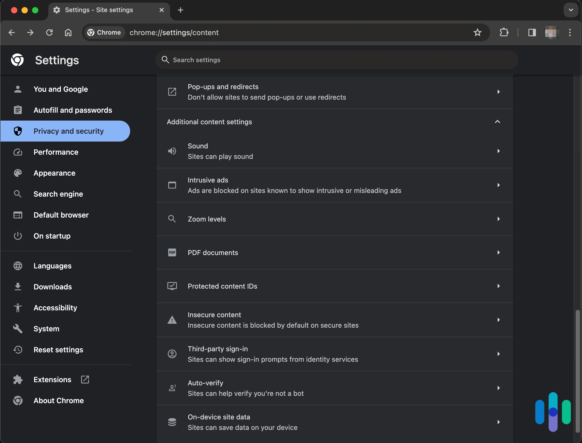 Site Setting Options in Chrome Site Setting Options in Chrome