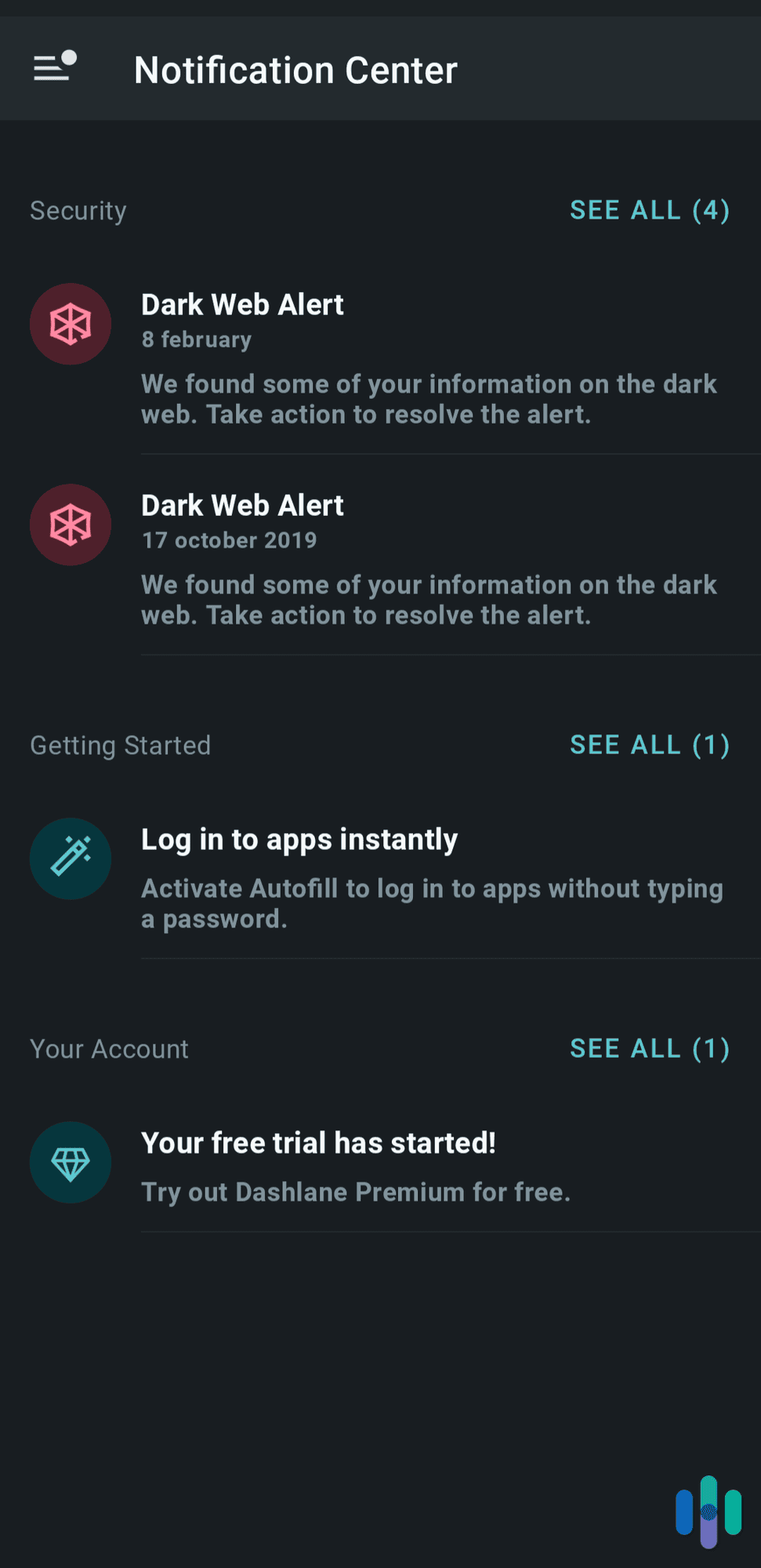 Reviewing our notifications in the Dashlane Android app Reviewing our notifications in the Dashlane Android app
