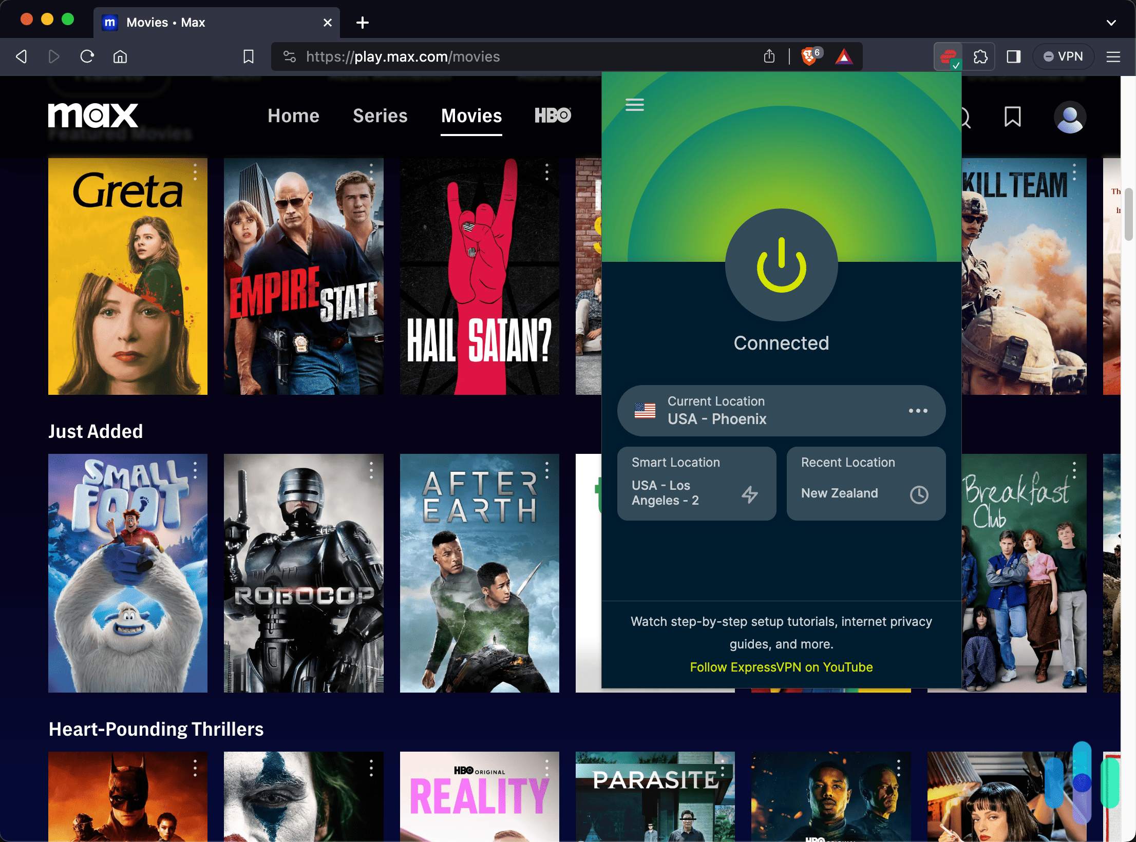 Testing the ExpressVPN Brave Browser extension on Max Testing the ExpressVPN Brave Browser extension on Max