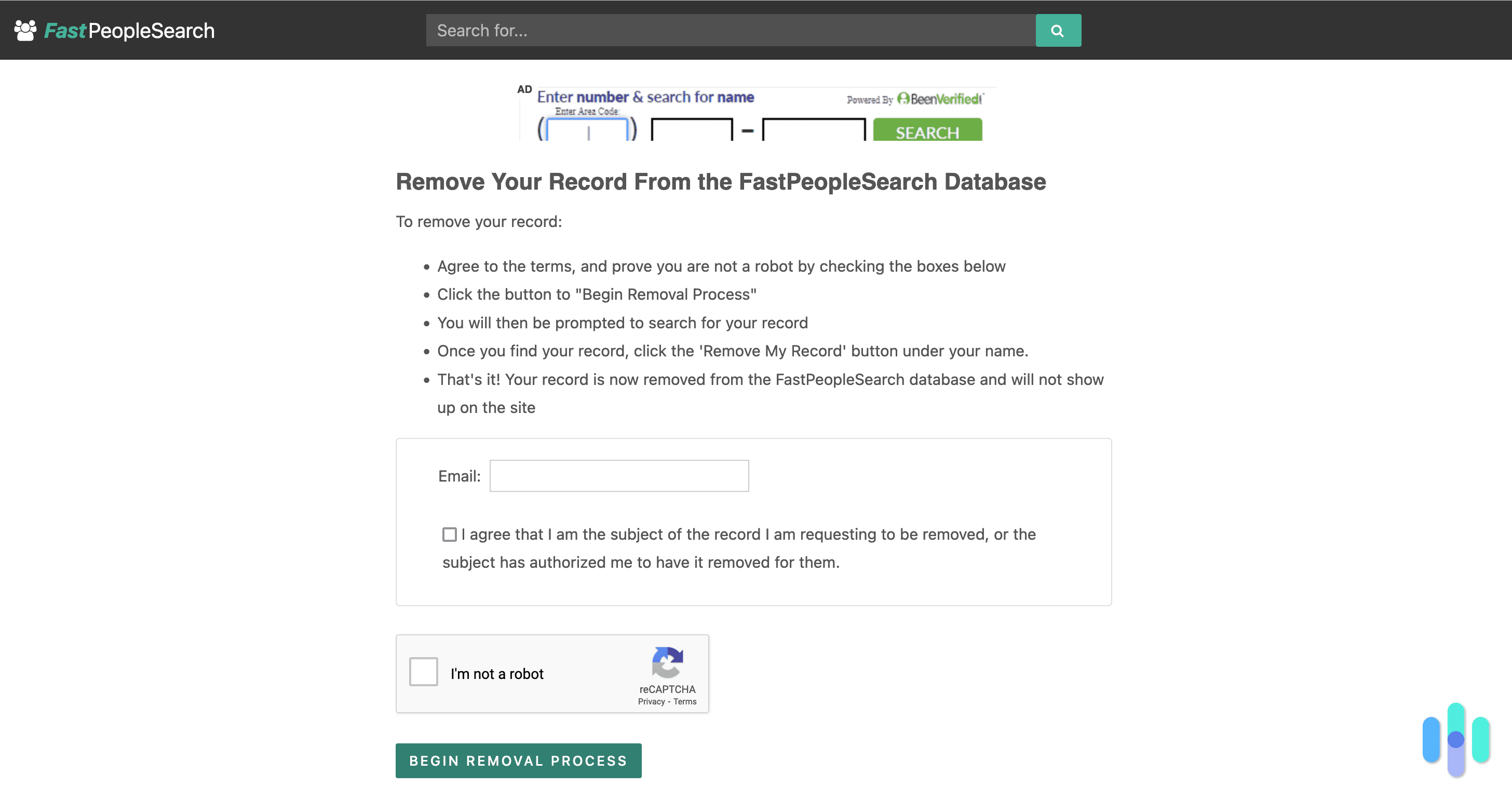 FastPeopleSearch’s removal screen. FastPeopleSearch’s removal screen.