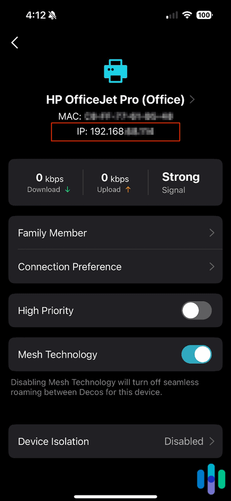 Finding the IP address of our printer from our Deco router app Finding the IP address of our printer from our Deco router app