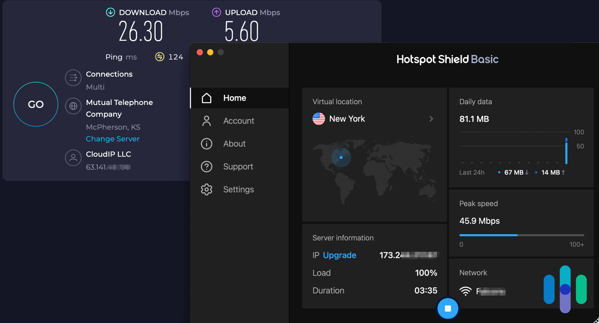 One of our speed tests with Hotspot Shield was a little sluggish. One of our speed tests with Hotspot Shield was a little sluggish.