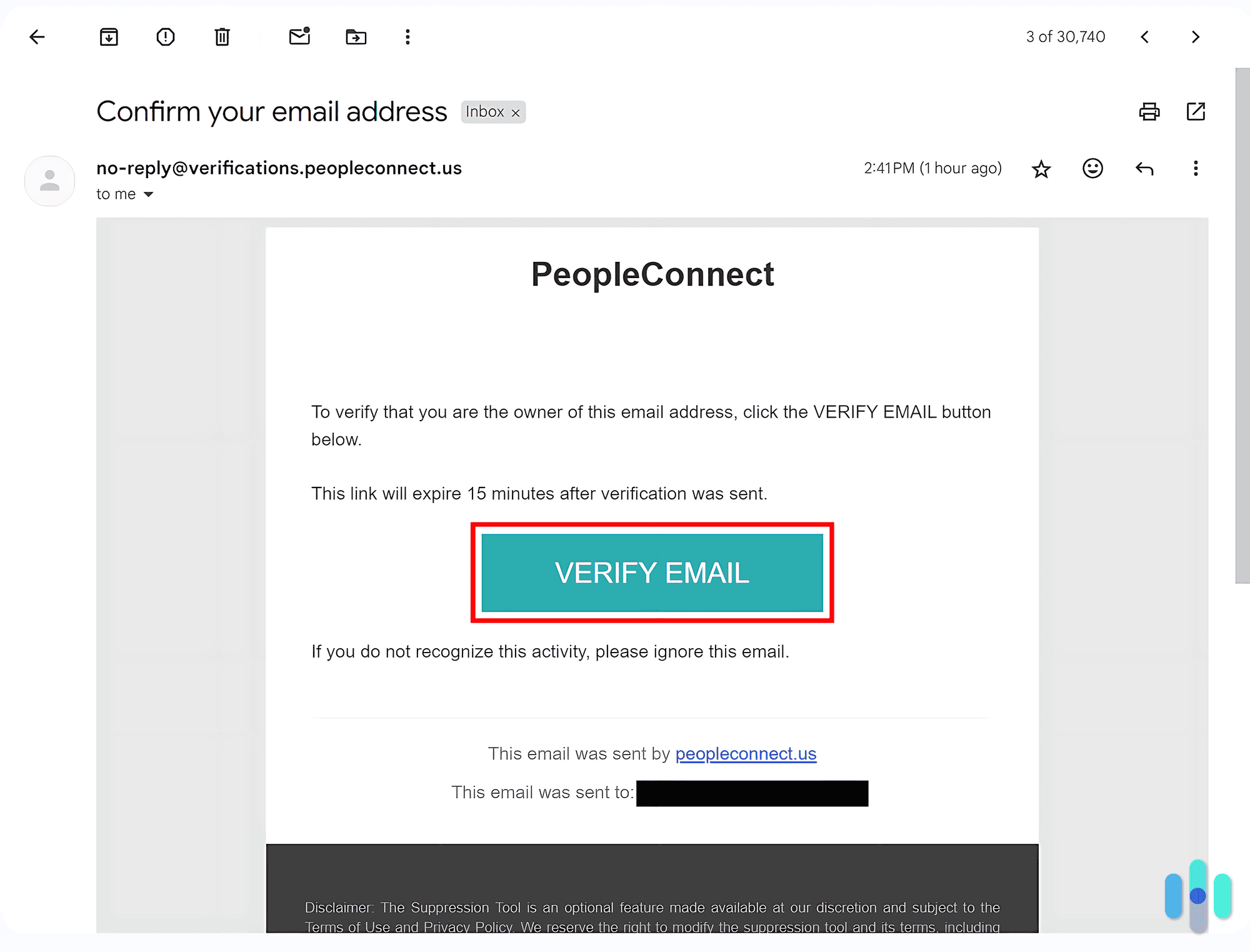 After putting in our email, Intelius sent us a verification button we had to click within 15 minutes After putting in our email, Intelius sent us a verification button we had to click within 15 minutes