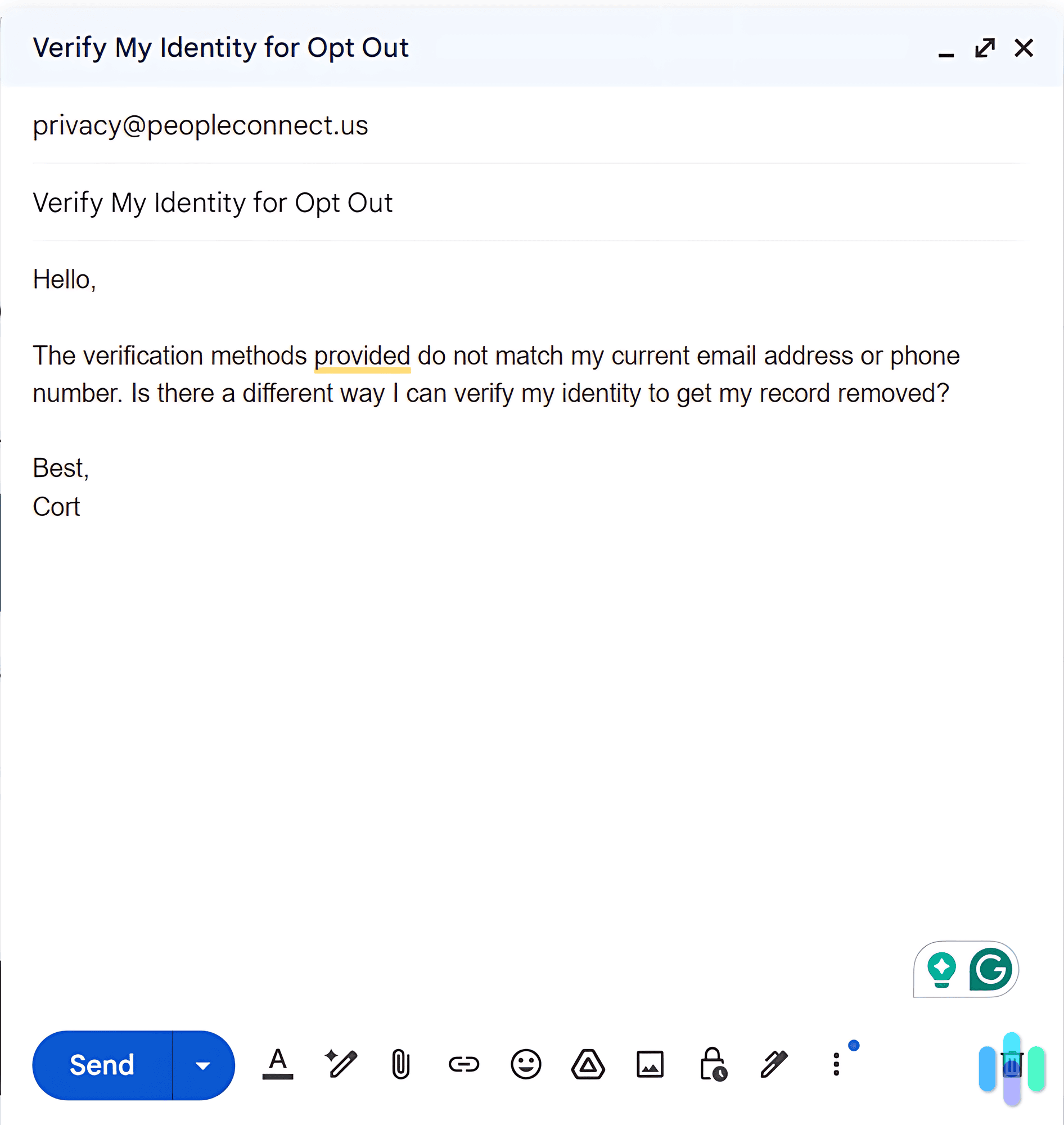 This is the email we sent to verify our identity to confirm our opt out request This is the email we sent to verify our identity to confirm our opt out request