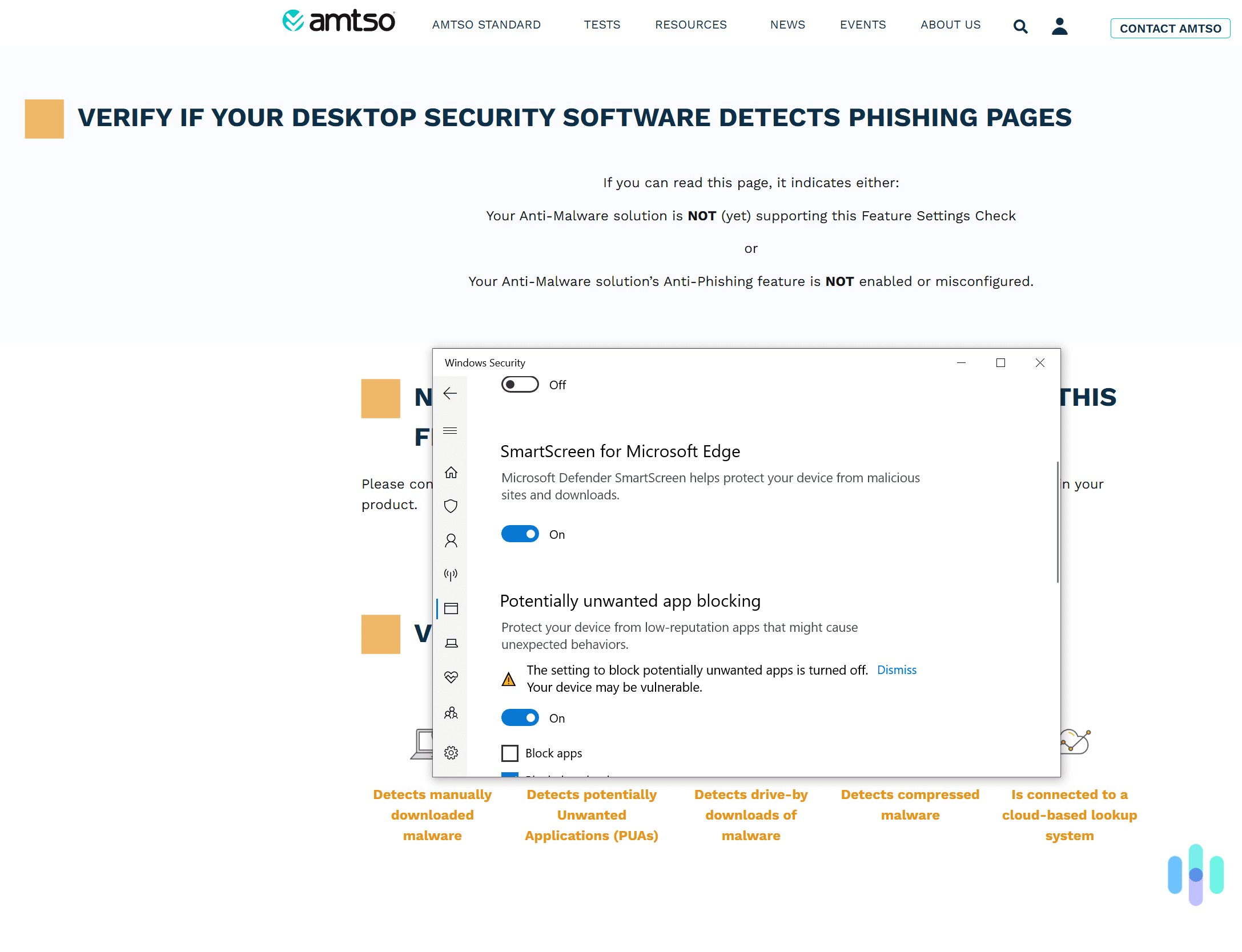 Microsoft Defender wasn’t able to pass the AMTSO phishing page test on non-Edge browsers. Microsoft Defender wasn't able to pass the AMTSO phishing page test on non-Edge browsers.