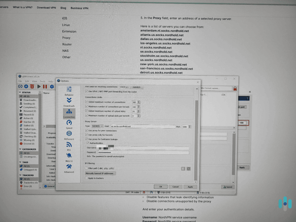 NordVPN’s SOCKS5 proxy setup guides made it very easy for us to configure one of its SOCKS5 servers in our qBittorrent app. NordVPN's SOCKS5 proxy setup guides made it very easy for us to configure one of its SOCKS5 servers in our qBittorrent app.
