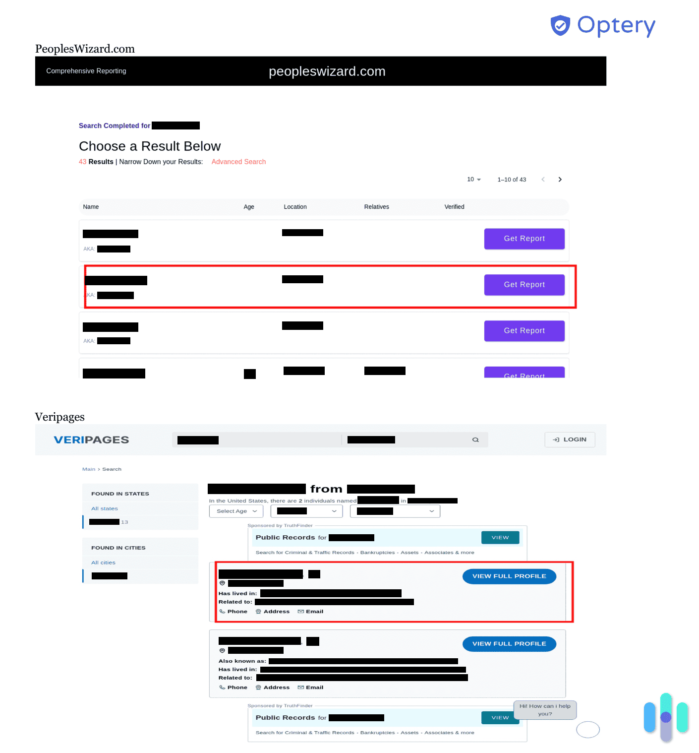 Optery report showing profiles Optery report showing profiles