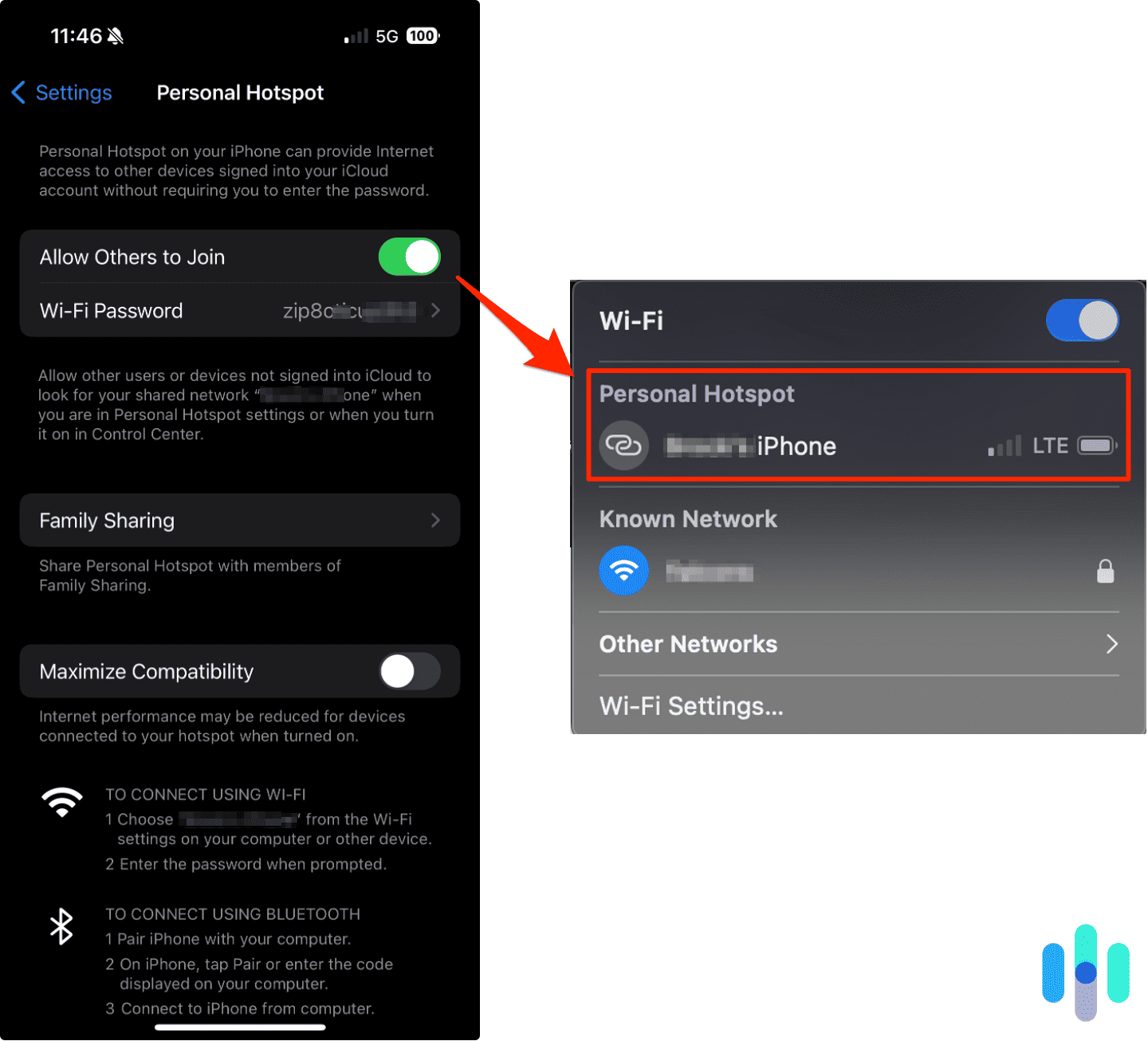 iPhone’s Personal Hotspot settings iPhone's Personal Hotspot settings