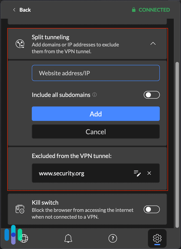 NordVPN's Split tunneling settings NordVPN's Split tunneling settings