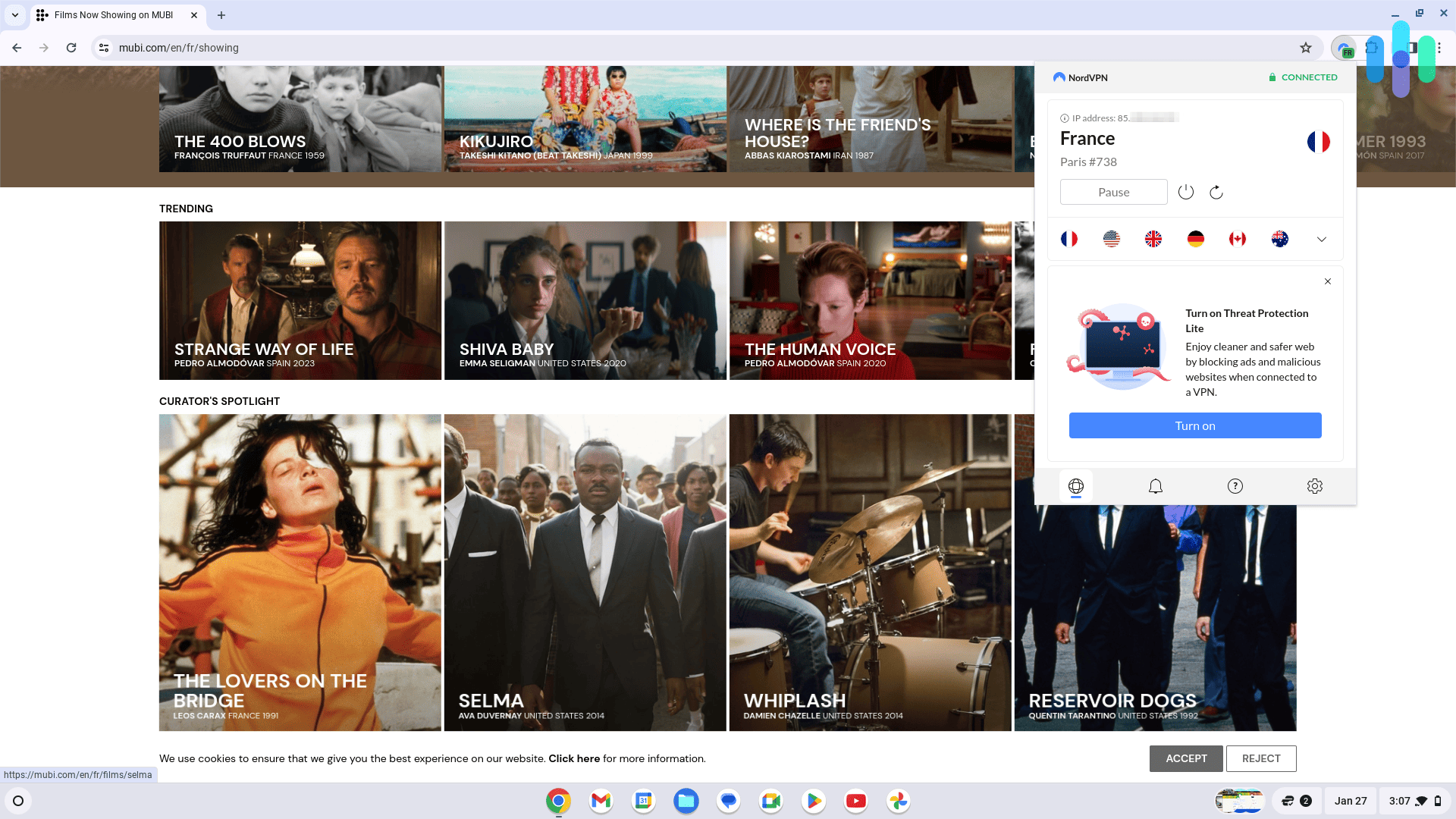 On Mubi and testing NordVPN connected to France on a Chromebook On Mubi and testing NordVPN connected to France on a Chromebook