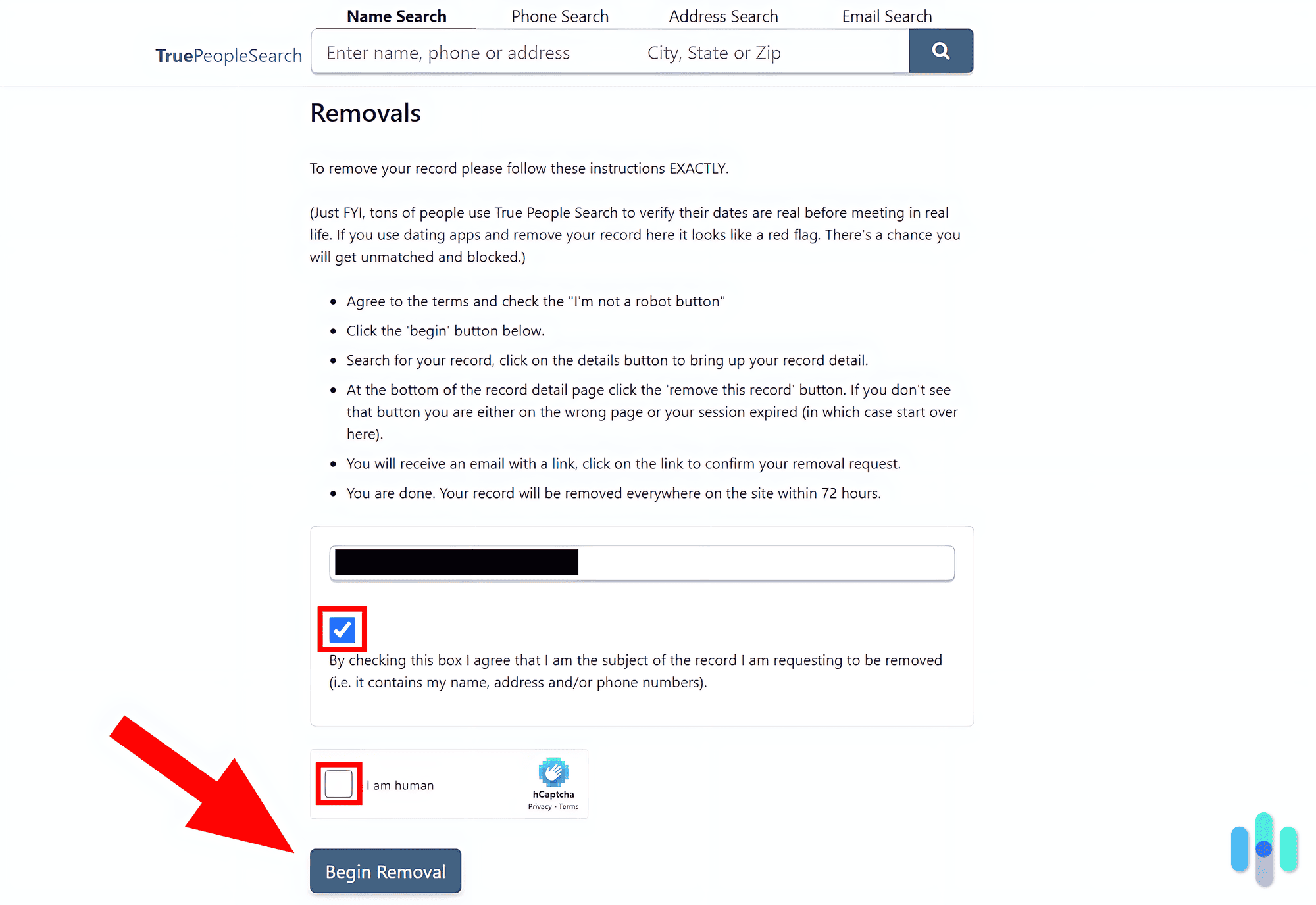 The first step of TruePeopleSearch.com’s data removal process. The first step of TruePeopleSearch.com’s data removal process.
