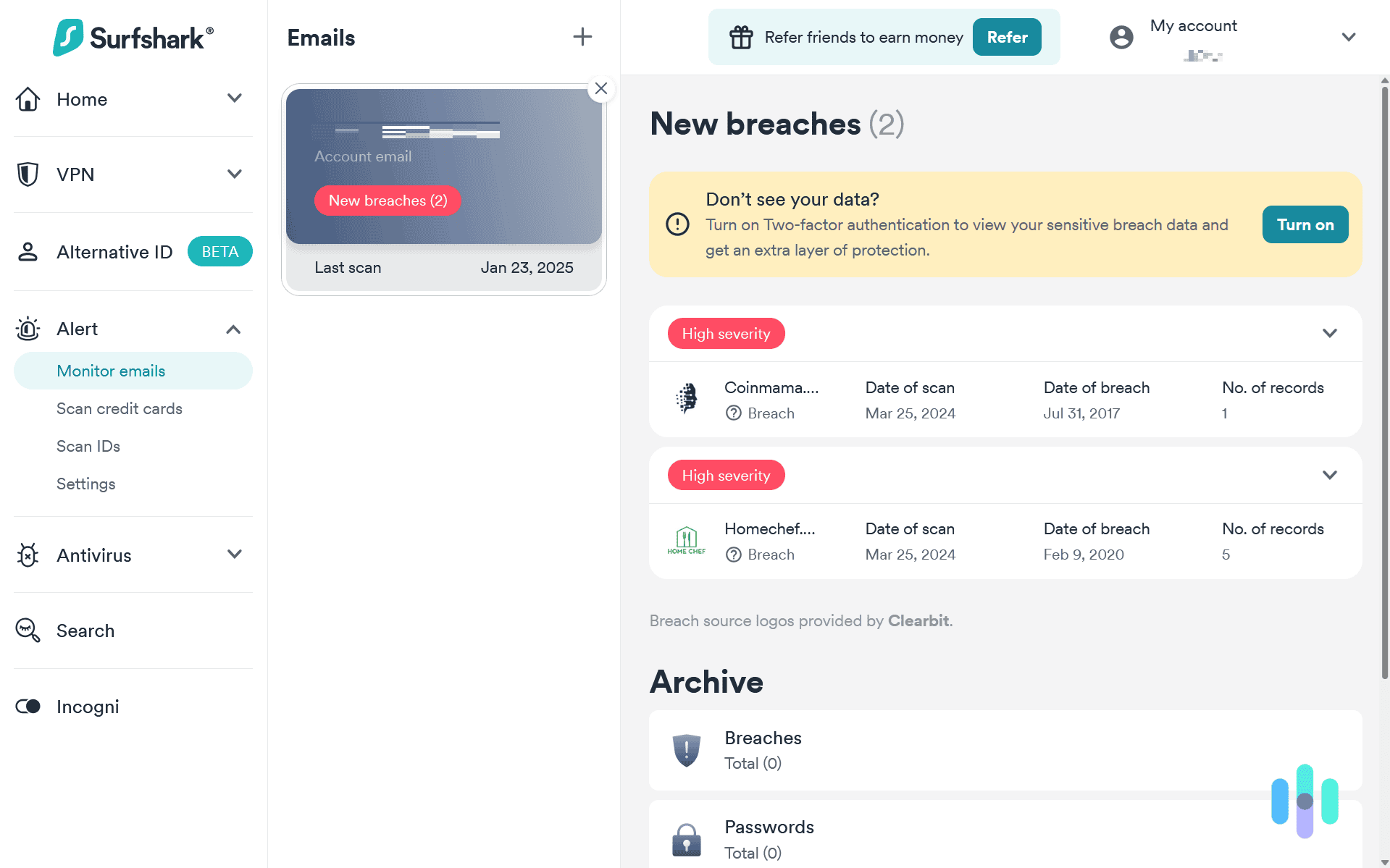We opened up Surfshark Alert to find two alerts already there based on our email. We opened up Surfshark Alert to find two alerts already there based on our email.