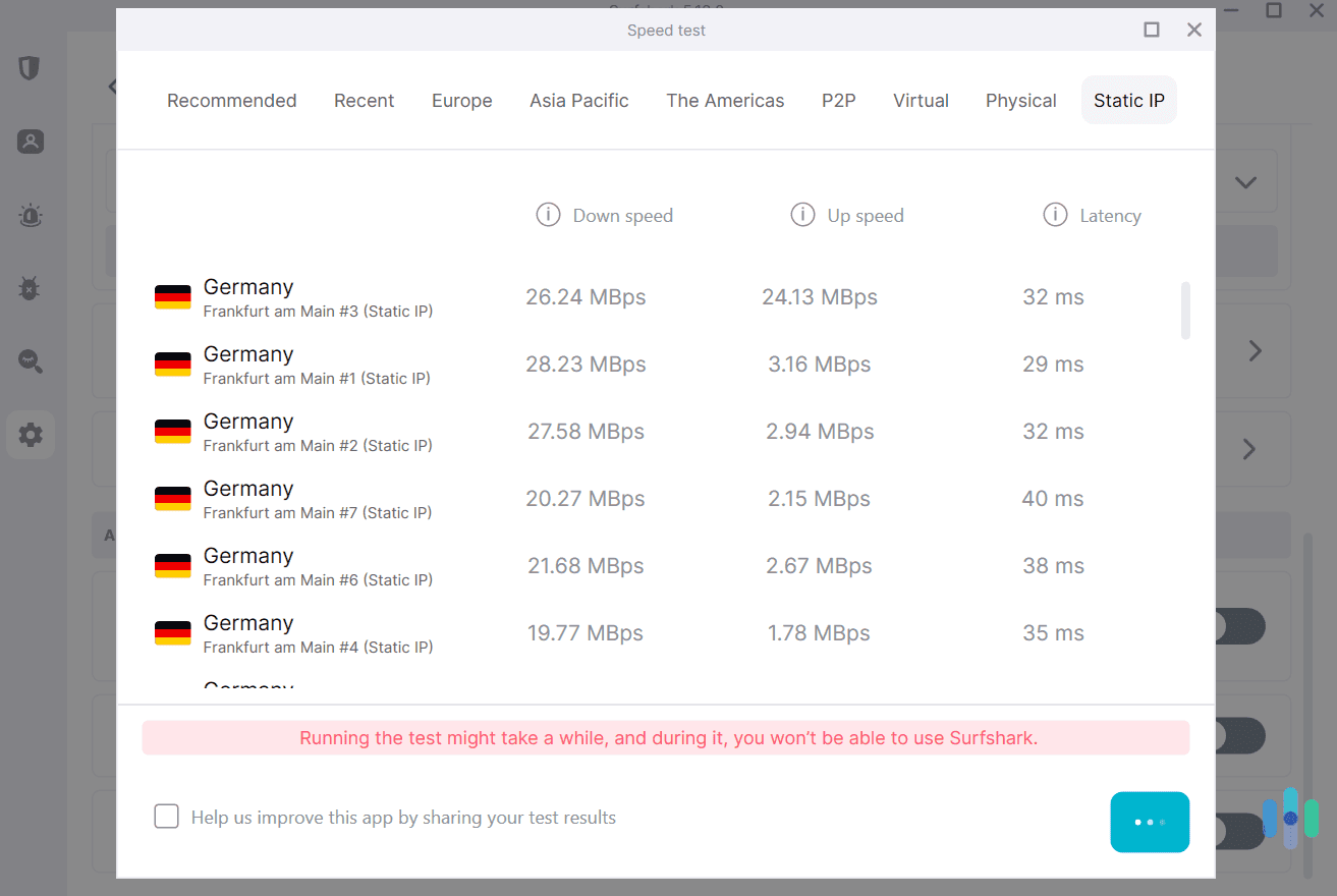 Whenver we used Surfshark_s built-in speed test on Windows, it always accurately displayed the fastest servers for our location. Whenever we used Surfshark's built-in speed test on Windows, it always accurately displayed the fastest servers for our location.