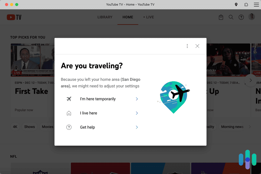 YouTube TV Travel Popup message YouTube TV Travel Popup message